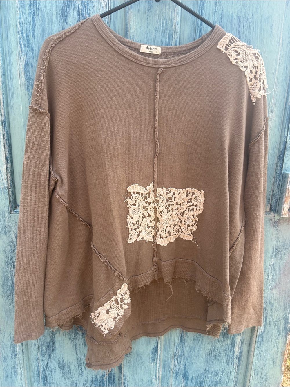 Upcycled dylan lace patched asymmetrical hem top